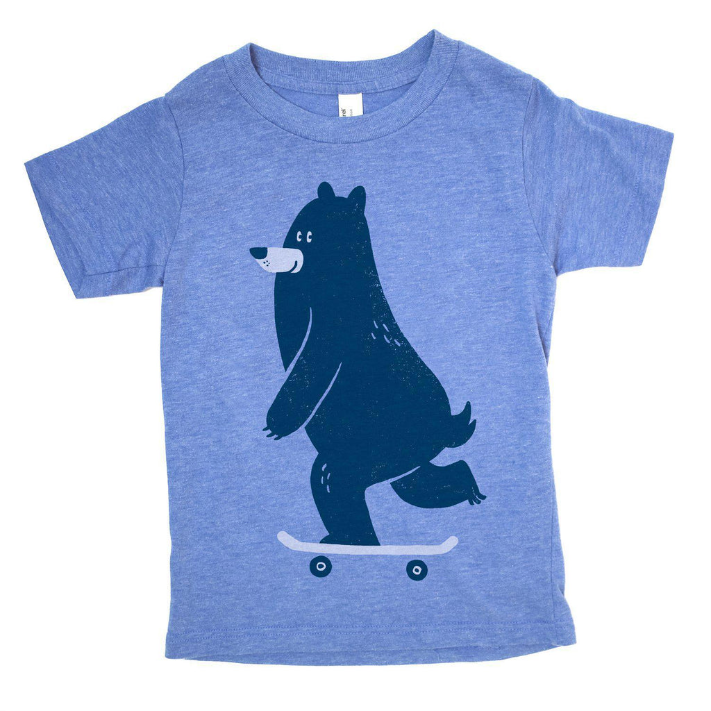 Kids Tee - Bear on Skateboard Blue Tee (2T - L) by Factory 43
