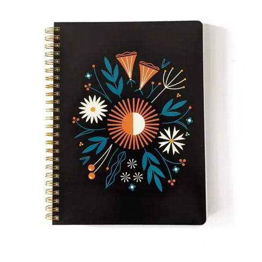 Notebook - Folk Flowers Floral on Black Spiral Bound by Amber Leaders Designs