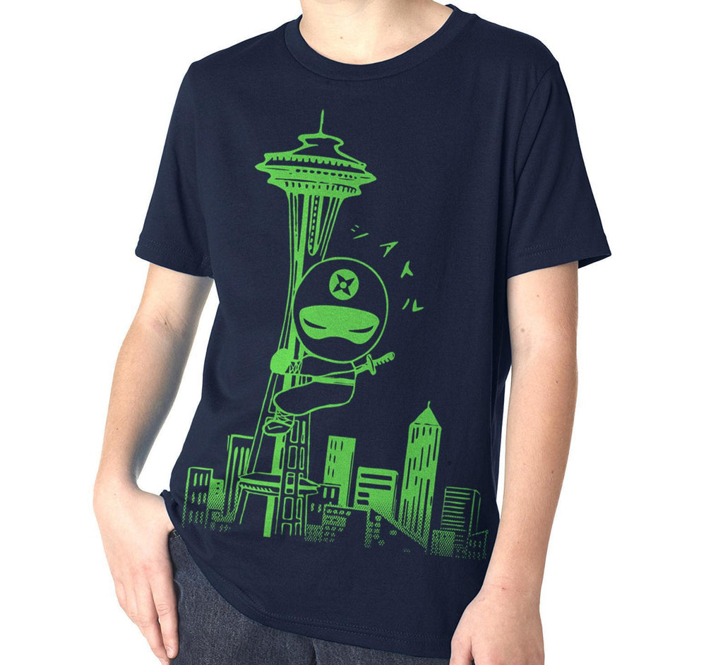 Kids Tee - Seattle Ninja Green on Navy Crewneck (2T, 4T, Youth XS - XL) by Namu