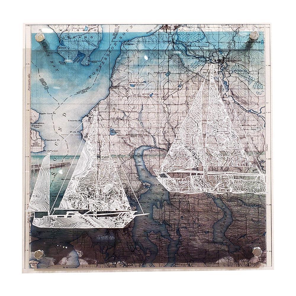Floating Frame - 12x12 - Seattle Street Map Boat Duo Square by Modern Terrain
