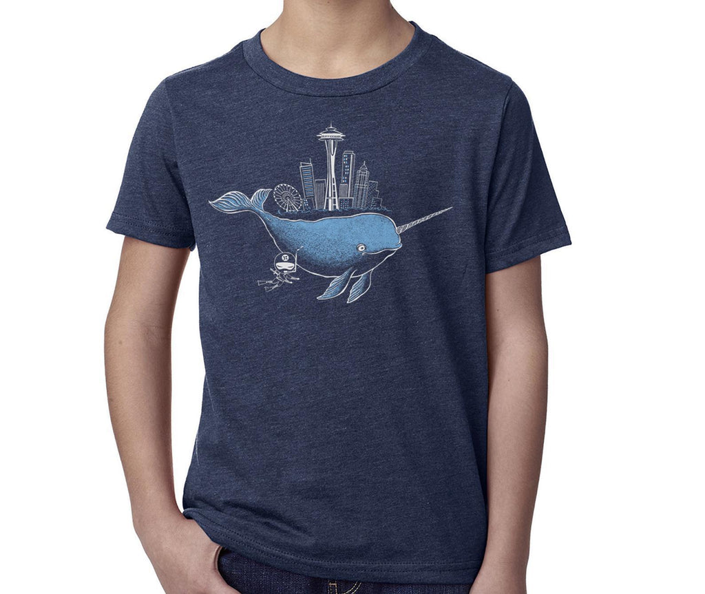 Kids Tee - Narwhal and Diving Ninja on Heather Navy Blue Crewneck Tee (Youth XS - XL) by Namu