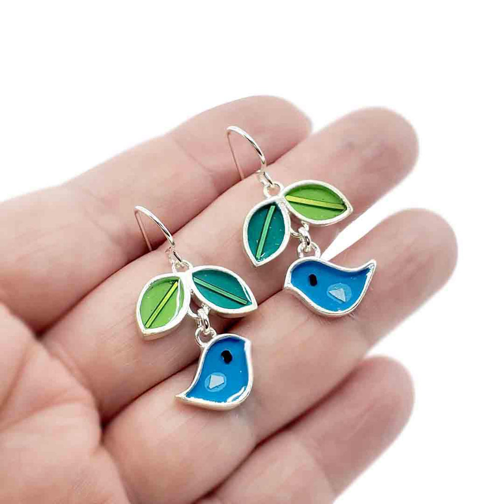 Earrings - Bird and Leaves (Turquoise) by Happy Art Studio