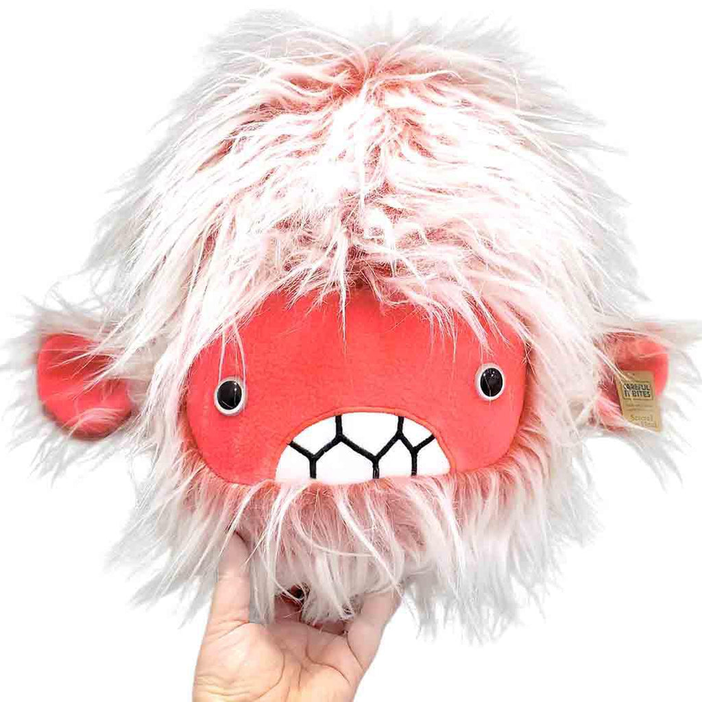 Large Severed Yeti Head - Bright Pink White Fur Neon Pink Face White Eyes by Careful It Bites