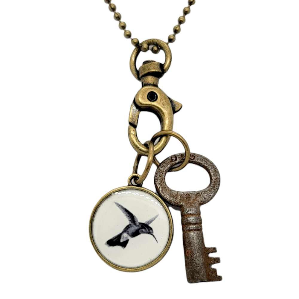Necklace - Vintage Image - Hummingbird & Key (Brass) by Christine Stoll | Altered Relics