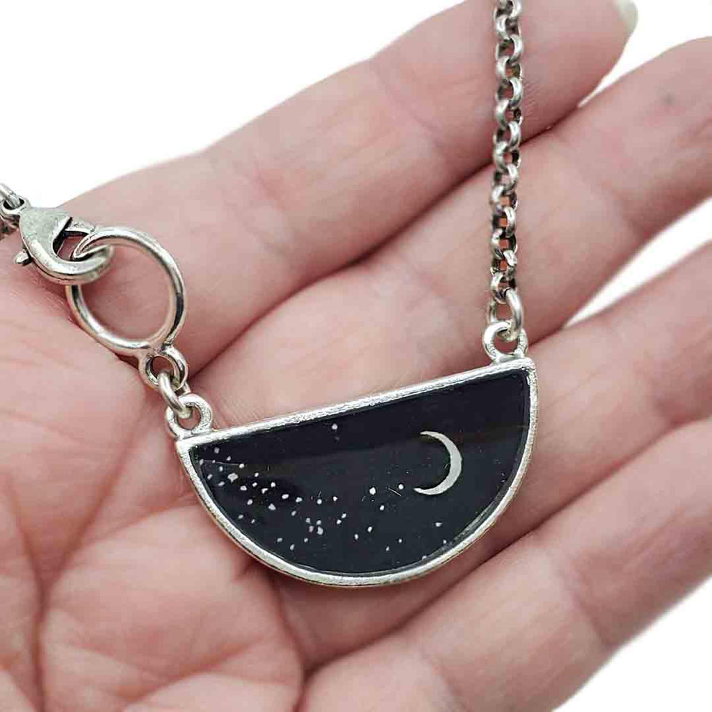 Necklace - Moon & Stars Half-Round Resin Silver by Christine Stoll |Altered Relics