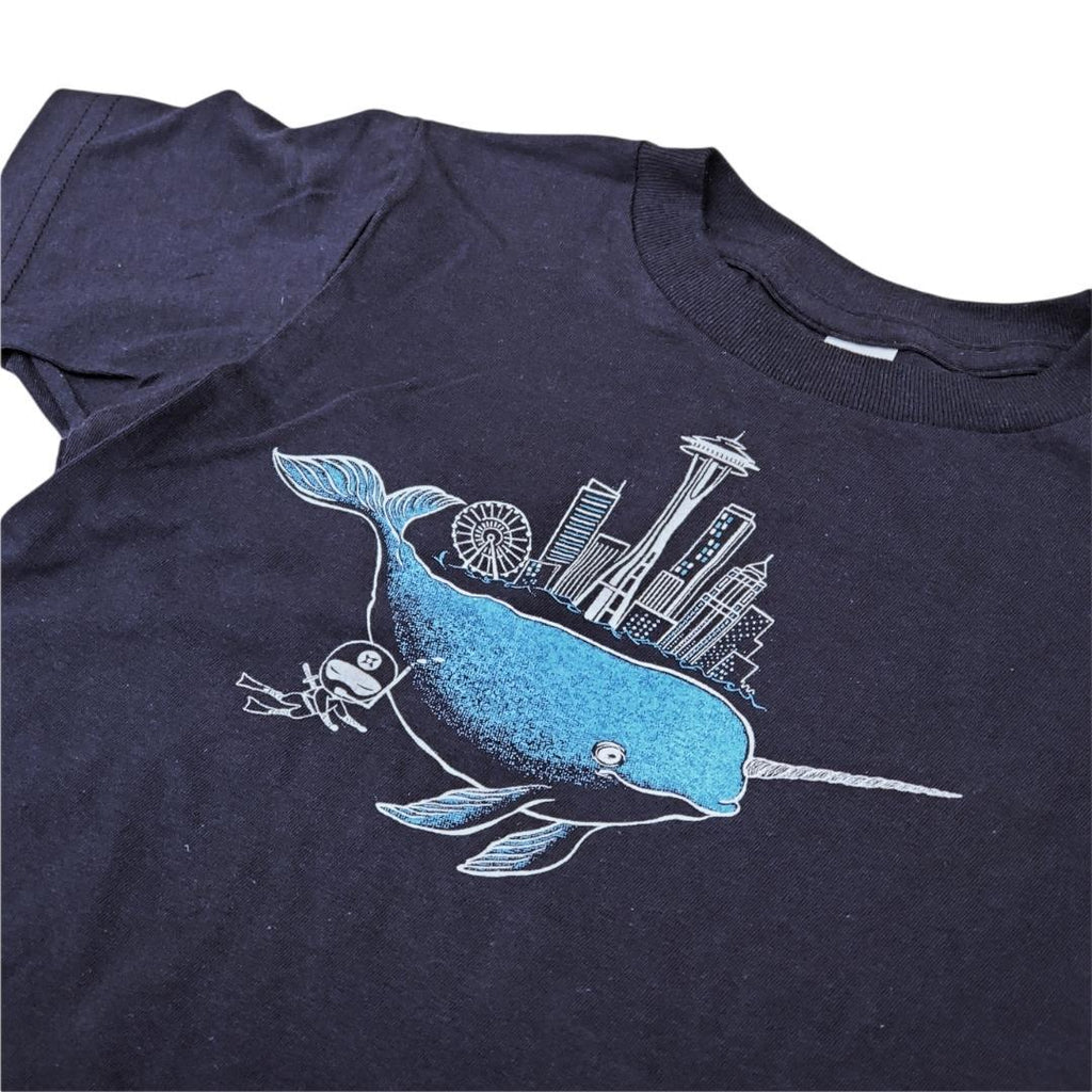 Kids Tee - Narwhal and Diving Ninja on Heather Navy Blue Crewneck Tee (Youth XS - XL) by Namu