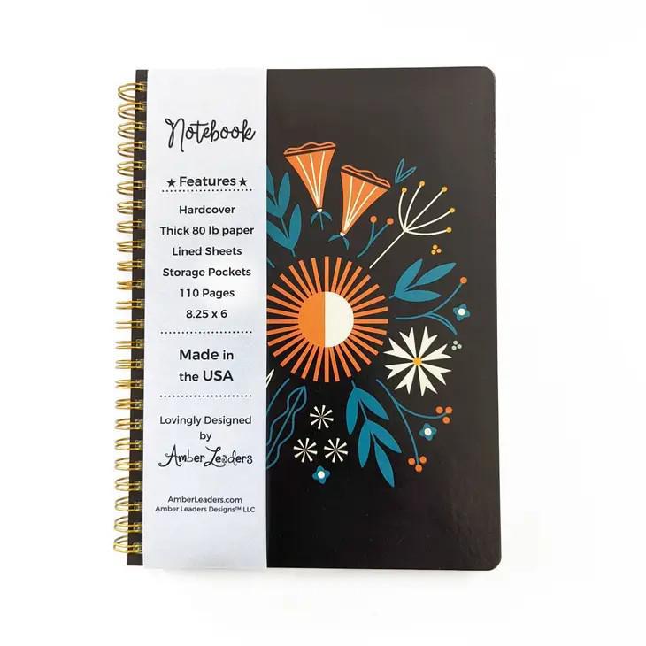 Notebook - Folk Flowers Floral on Black Spiral Bound by Amber Leaders Designs