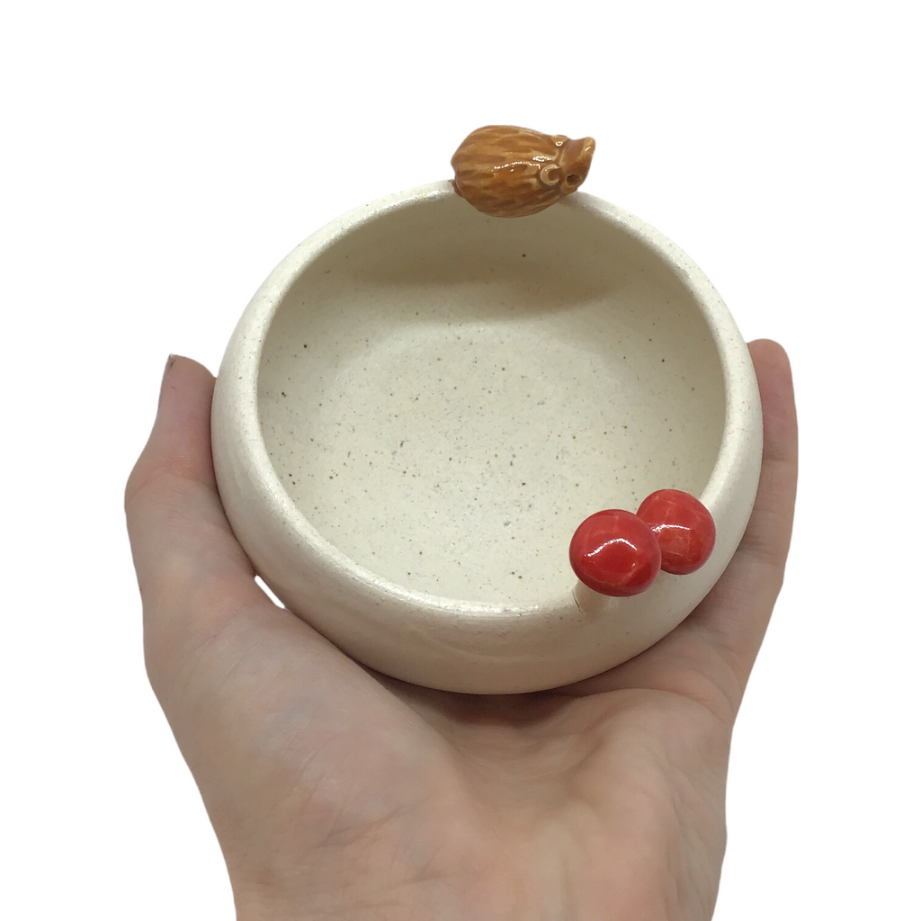 Bowl - Small Hedgehog with Mushrooms (White) by Tasha McKelvey