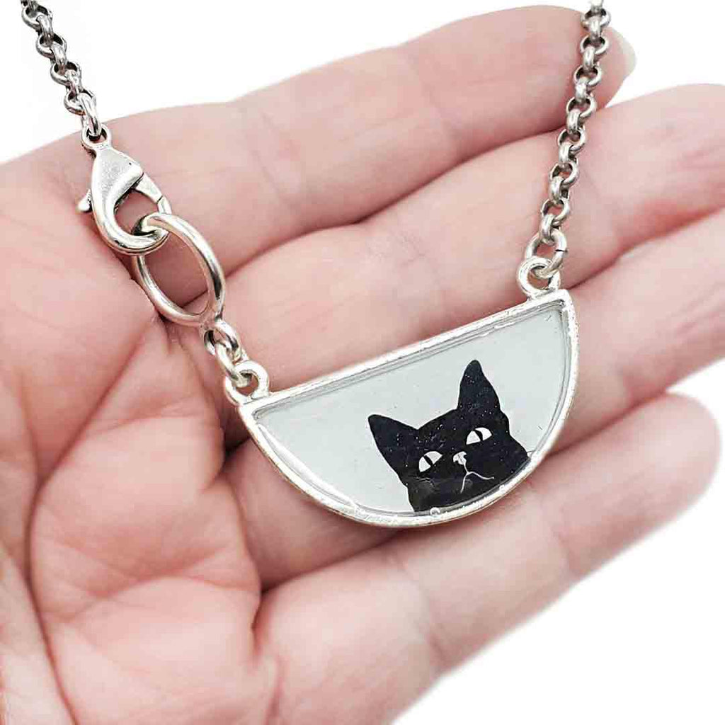 Necklace - Black Cat Half-Round Resin Silver by Christine Stoll |Altered Relics