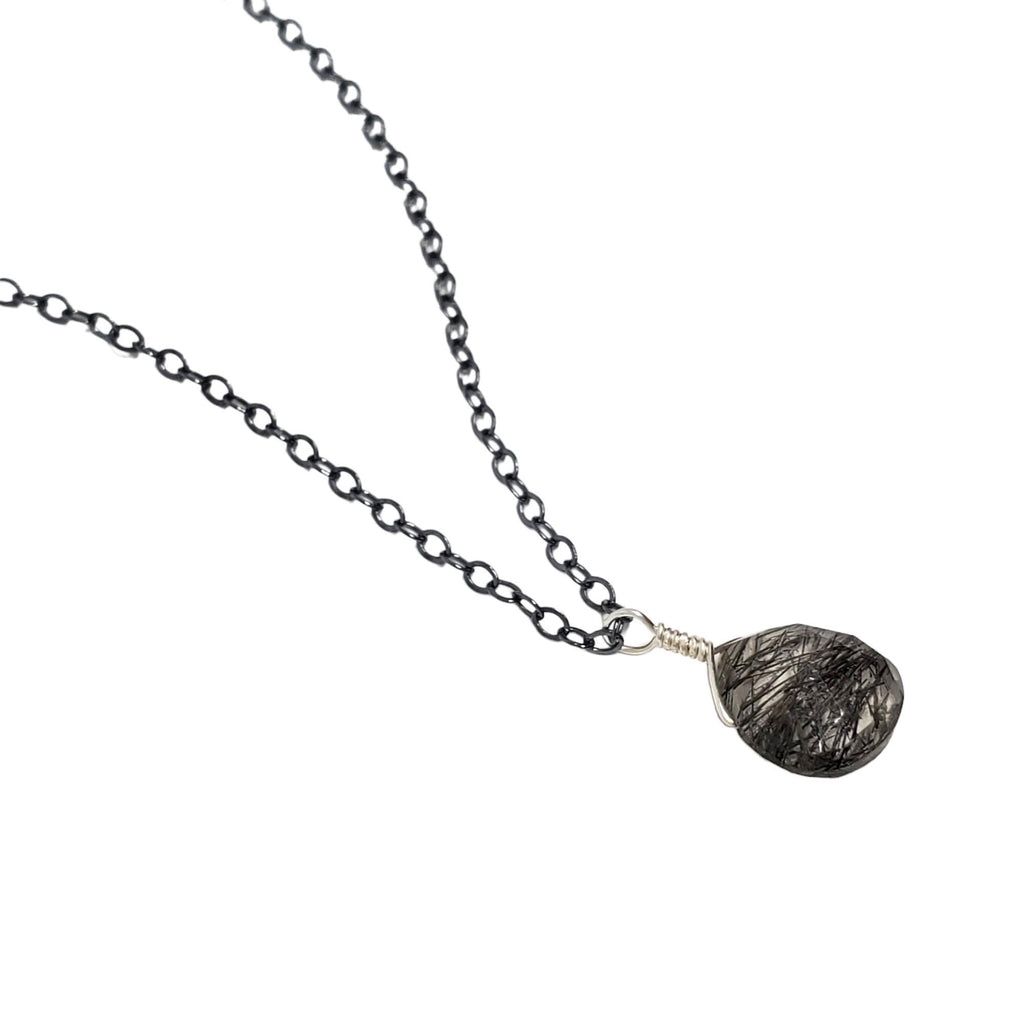Necklace - Black Sea Tourmalated Quartz Gemstone Oxidized Sterling by Foamy Wader