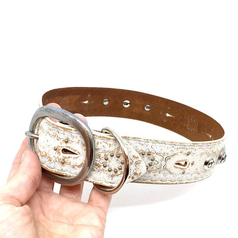Dog Collar - M-L - Rustic White with Tooling and Gems by Greenbelts