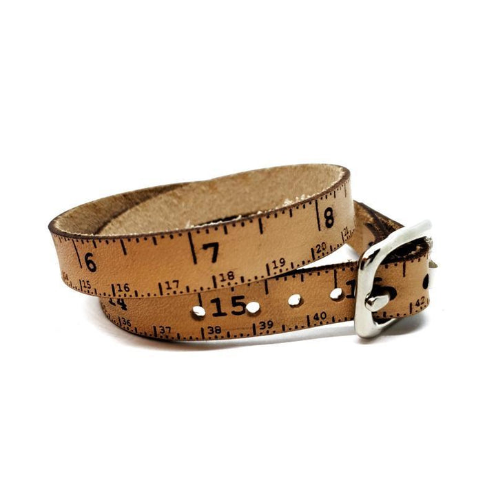 Bracelet - Lg - Double Wrap Natural Leather Tape Measure by Sandpoint Laser Works
