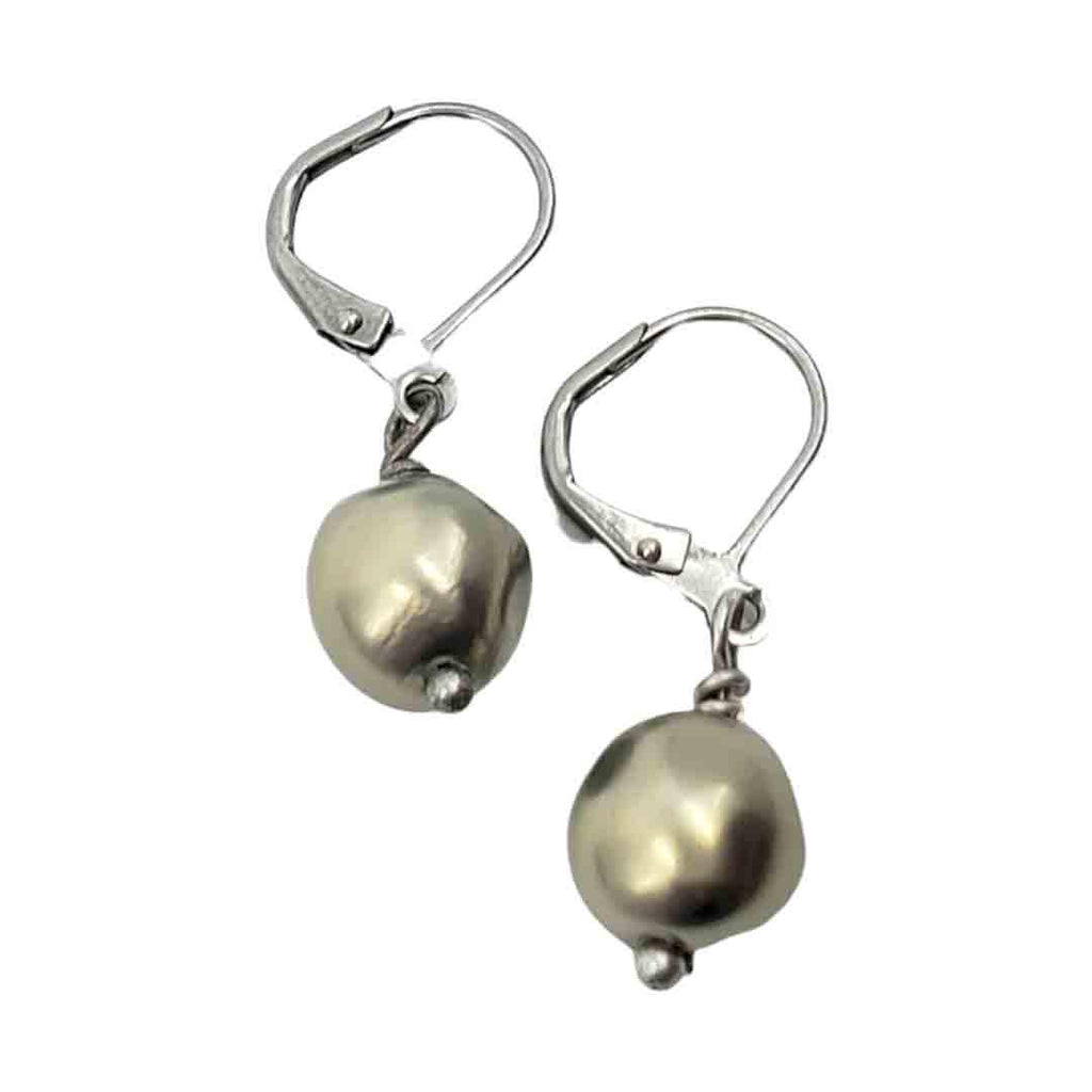Earrings - Small Gray Green Faux Pearl (Brass or Steel) by Christine Stoll | Altered Relics