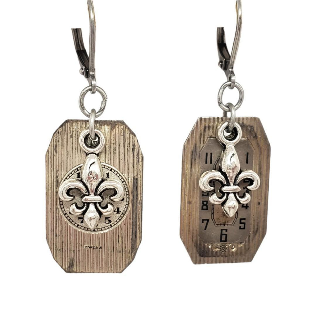 Earrings - Watch Dial Fleur de Lis Charm Stainless Steel by Christine Stoll | Altered Relics