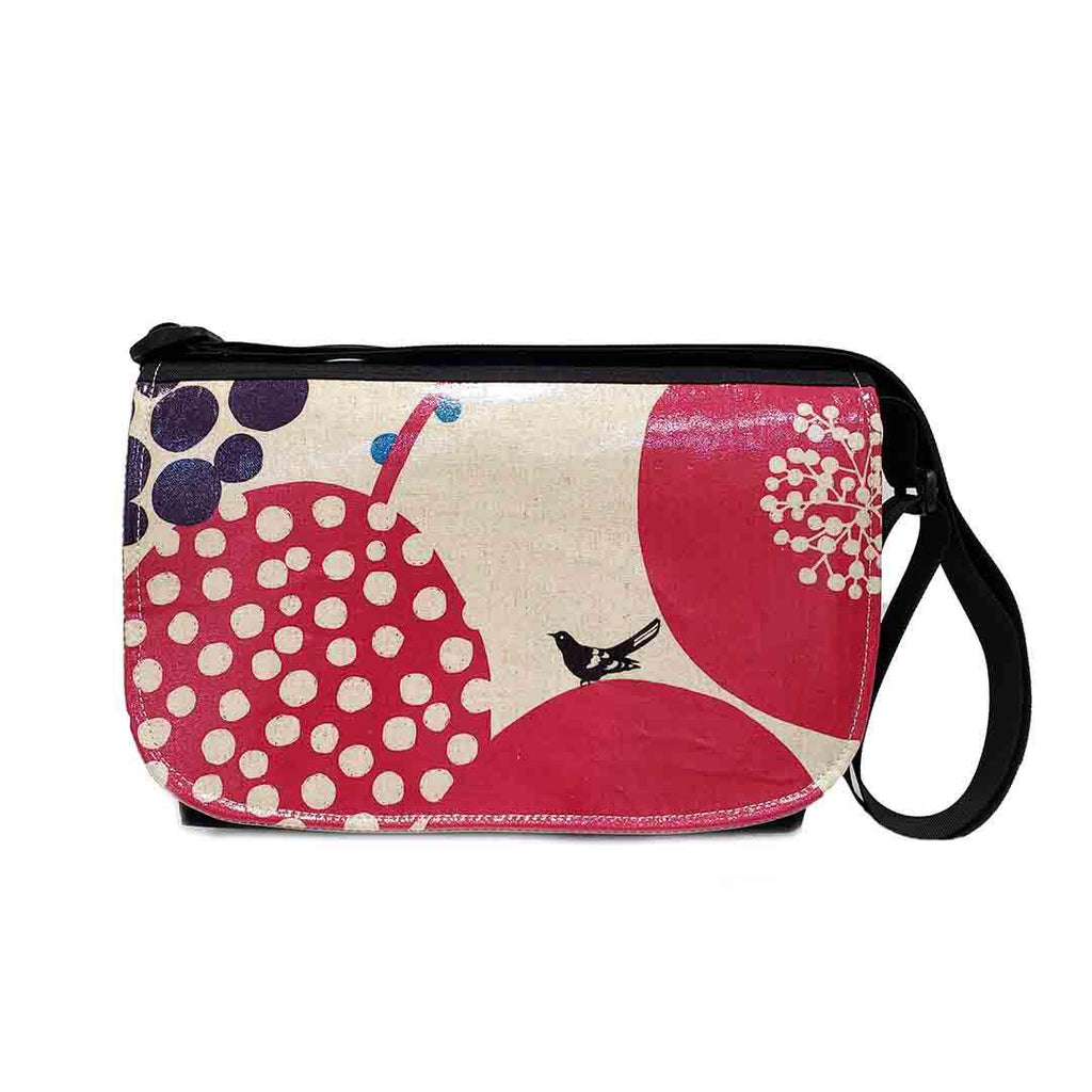 Messenger Bag - Short - Bird and Abstract Red and Blue Trees on Linen - Reinforced by Laarni and Tita