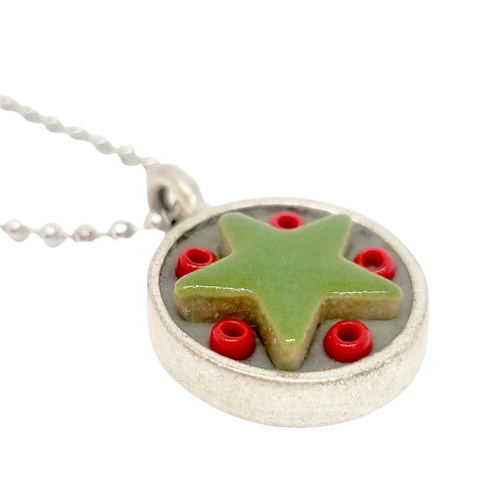 Necklace - Star Baby - Green Star Red Beads by XV Studios
