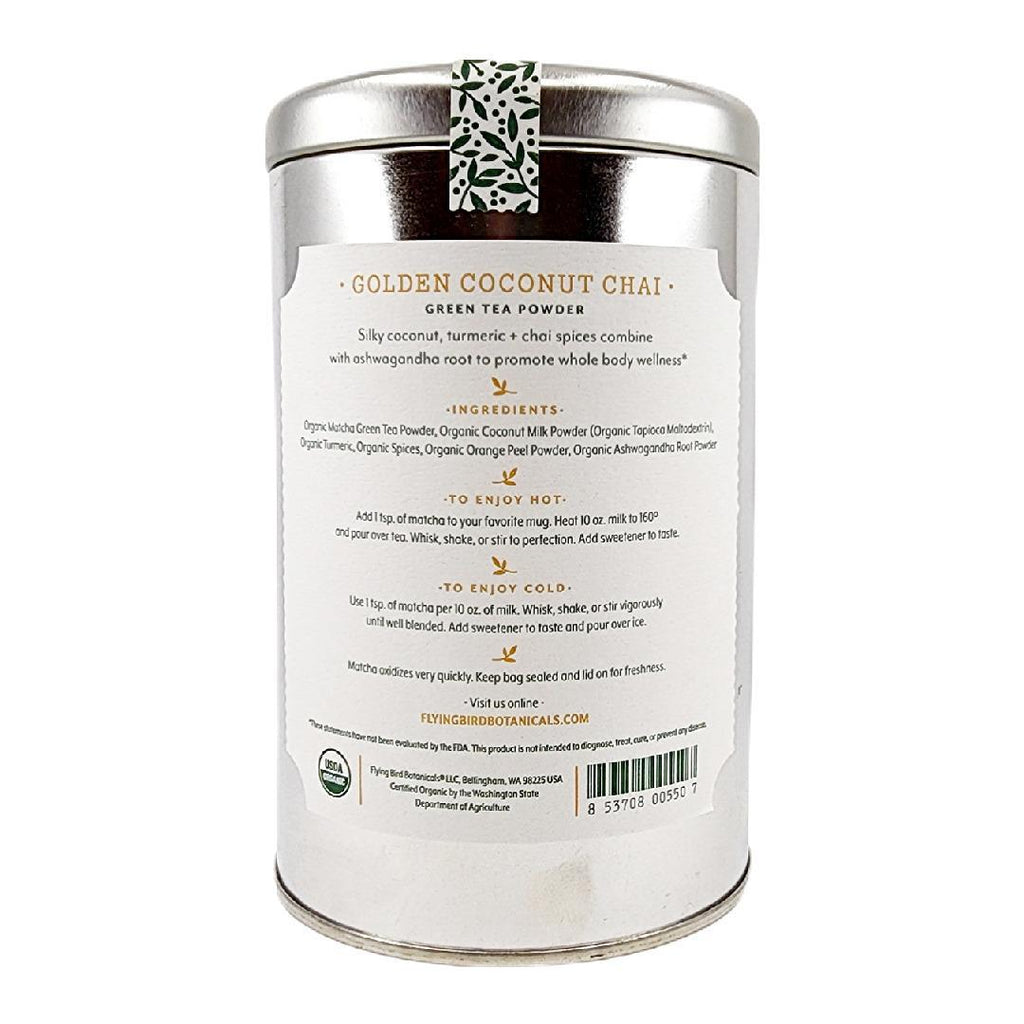 Tea - 8oz (226 servings) - Matcha Golden Coconut Chai Extra Large Tin by Flying Bird Botanicals