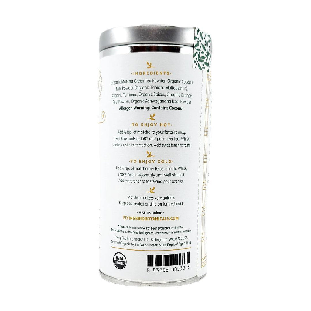 Tea - 2.12oz (60 servings) - Matcha Golden Coconut Chai Large Tin by Flying Bird Botanicals
