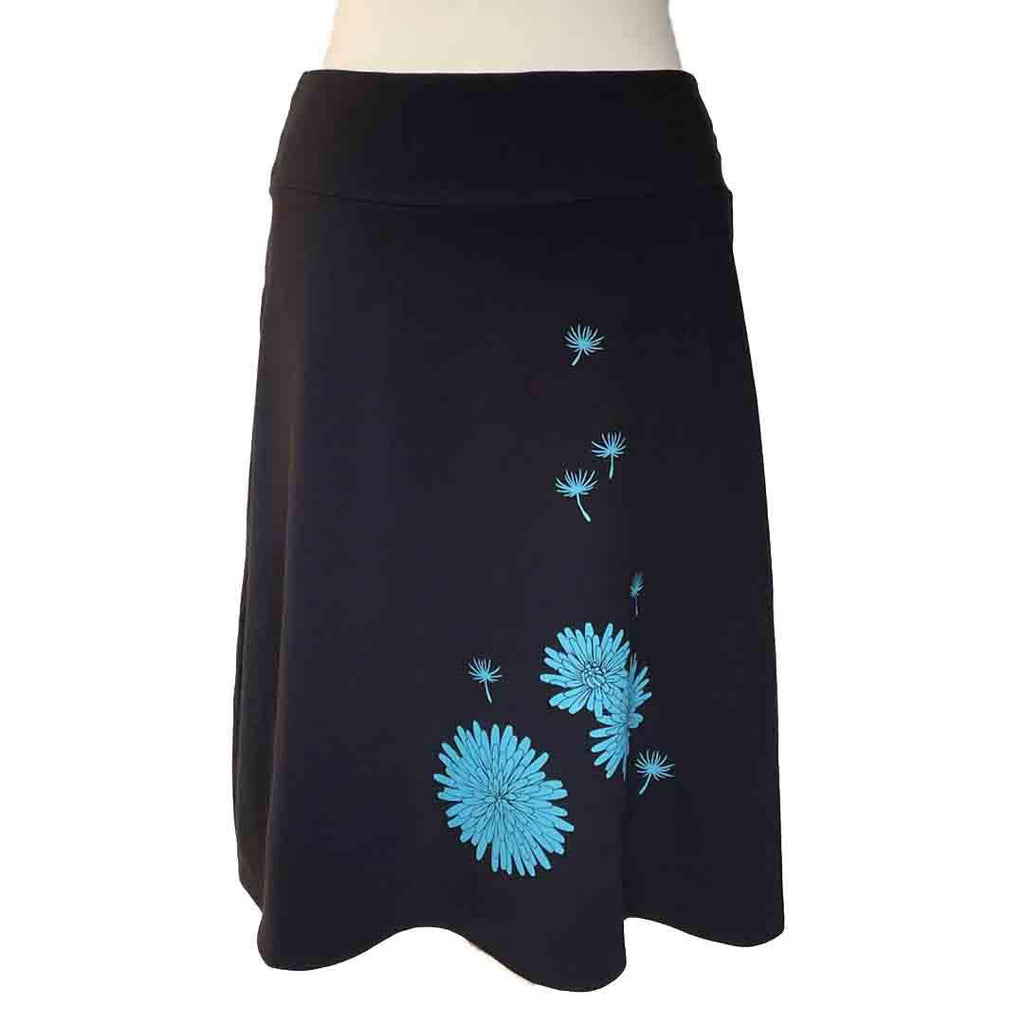 Skirt - Dandelion A-Line (Turquoise Flowers on Black) by Uzura