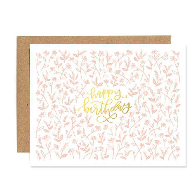 Card - Birthday - Tiny Pink Floral Letterpress by 1Canoe2