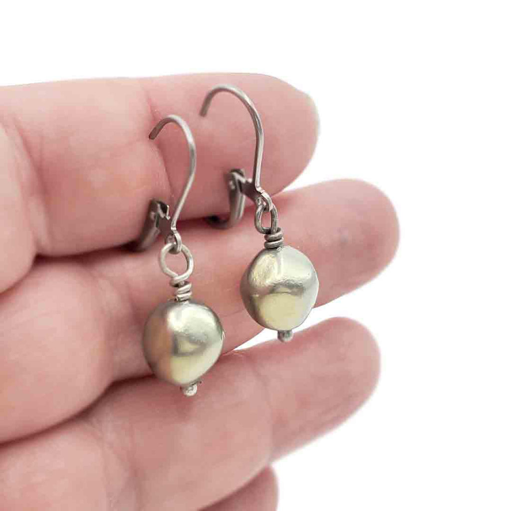 Earrings - Small Gray Green Faux Pearl (Brass or Steel) by Christine Stoll | Altered Relics