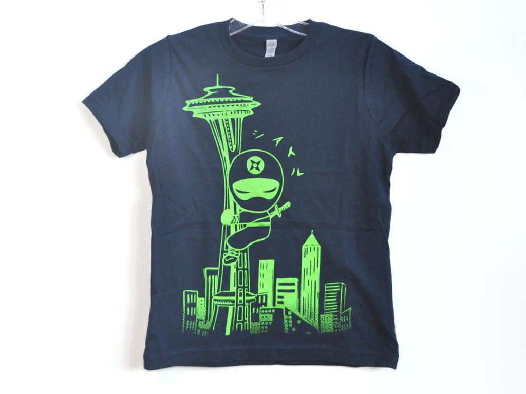 Kids Tee - Seattle Ninja Green on Navy Crewneck (2T, 4T, Youth XS - XL) by Namu