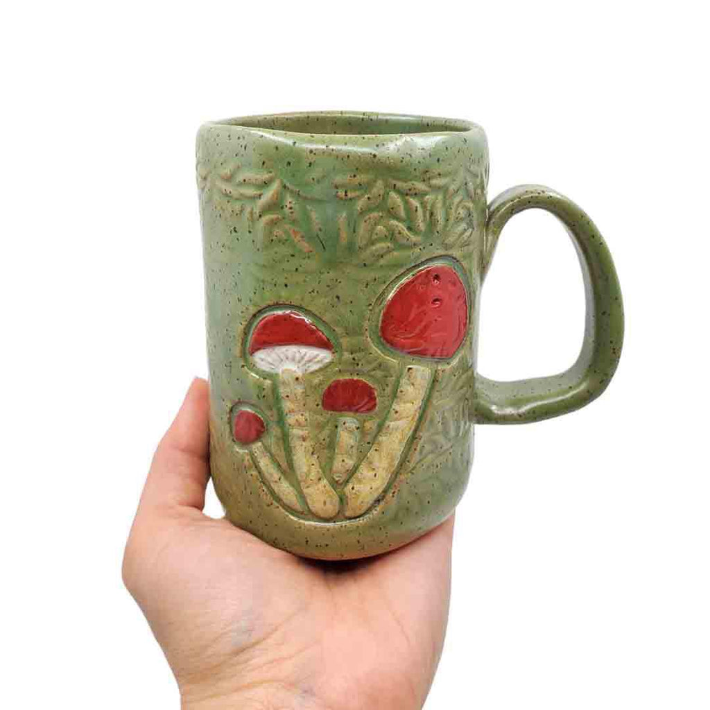 Mug - 16oz - Red Mushrooms Green Ceramic Mug by White Squirrel Clayworks