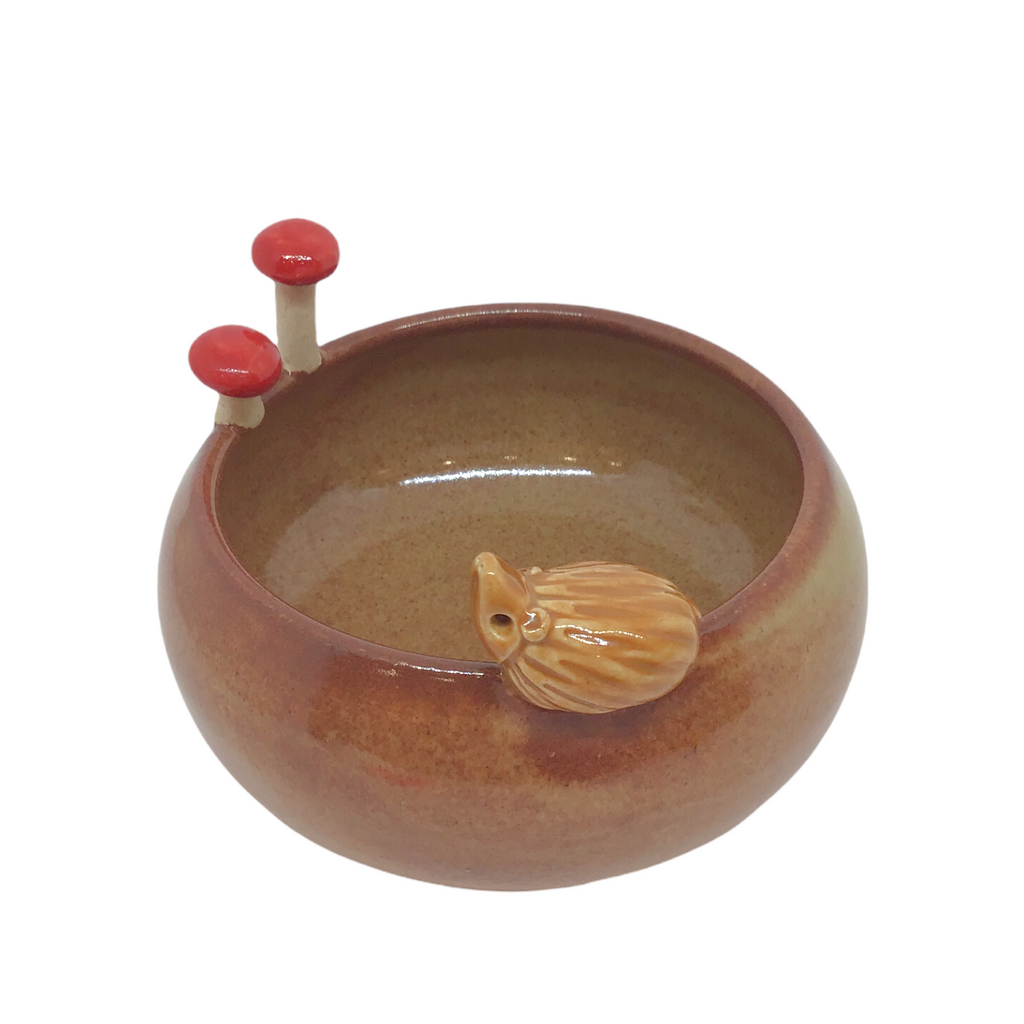 Bowl - Small Hedgehog with Mushrooms (Shino Brown) by Tasha McKelvey