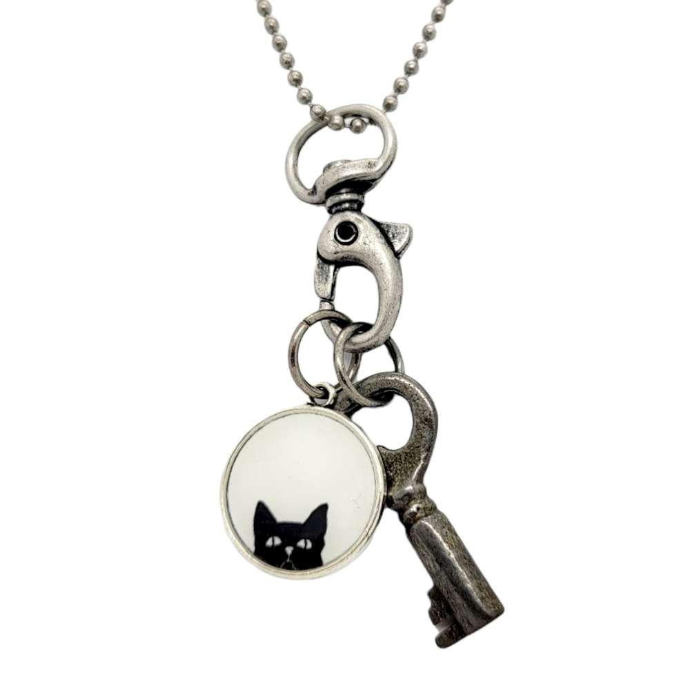 Necklace - Vintage Image - Black Cat & Key (Silver) by Christine Stoll | Altered Relics