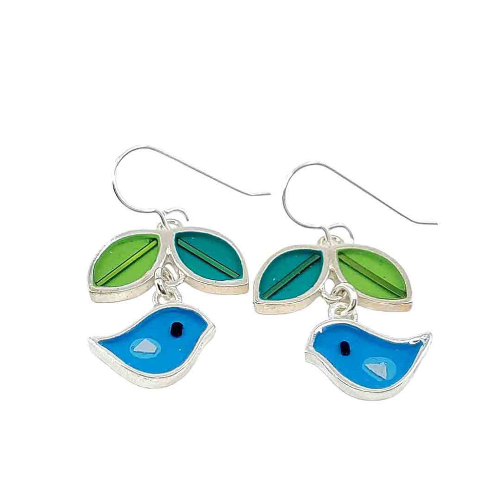 Earrings - Bird and Leaves (Turquoise) by Happy Art Studio