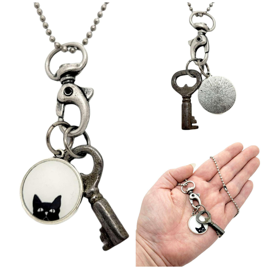Necklace - Vintage Image - Black Cat & Key (Silver) by Christine Stoll | Altered Relics