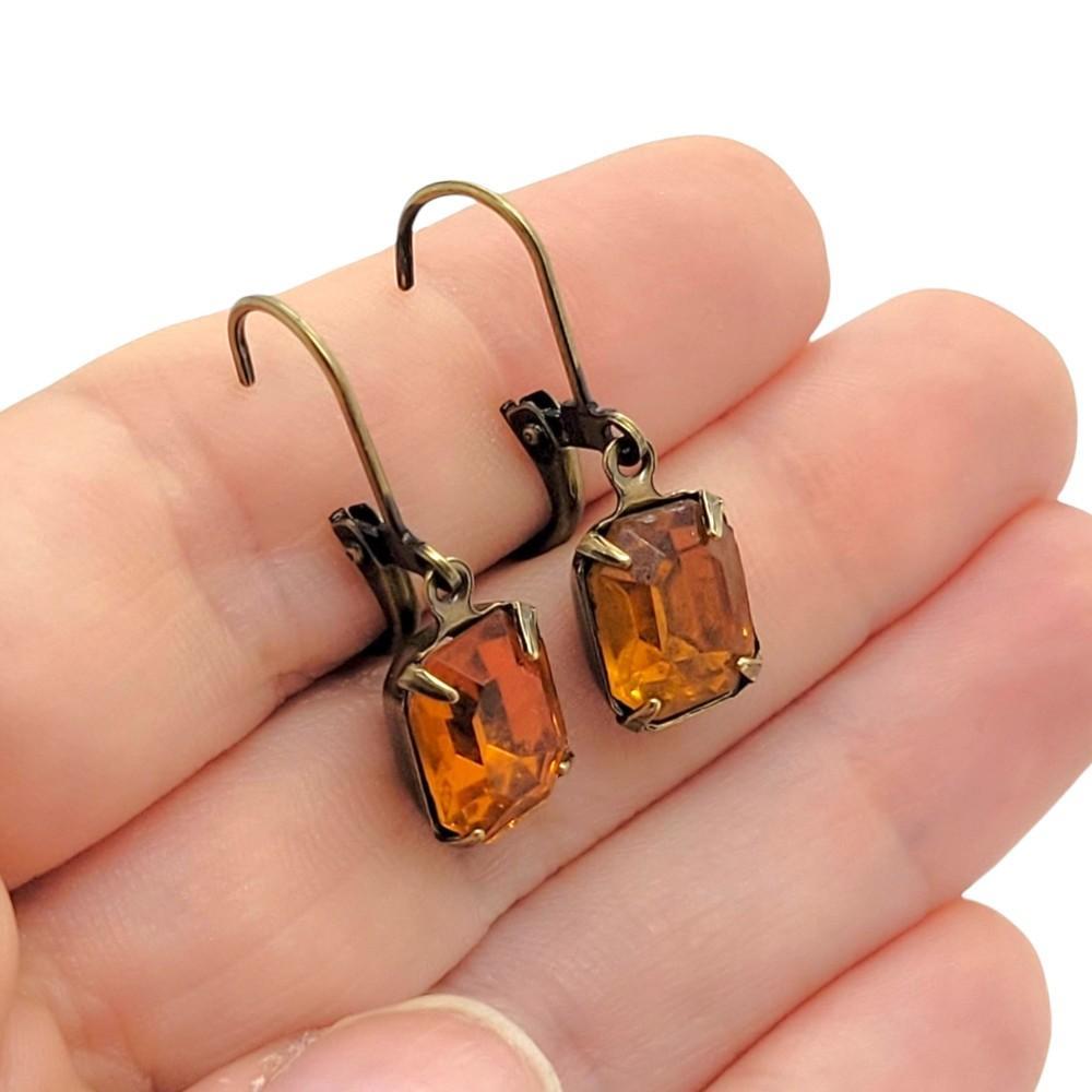 Drop Earrings - Oranges and Yellows - Antiqued Brass Vintage Rhinestones (Assorted Shapes) by Christine Stoll | Altered Relics