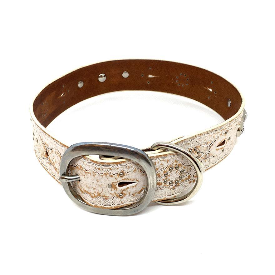 Dog Collar - M-L - Rustic White with Tooling and Gems by Greenbelts