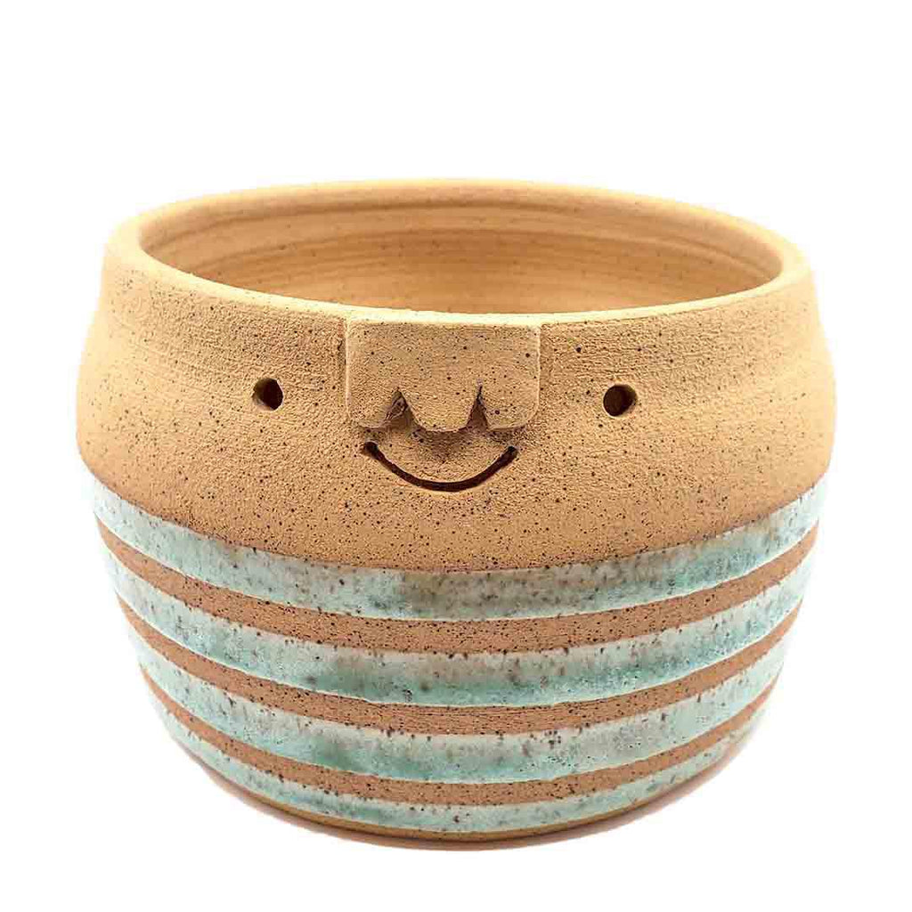 Friendly Pot - XL - Rounded with Teal Stripes by Kathy Manzella Ceramics