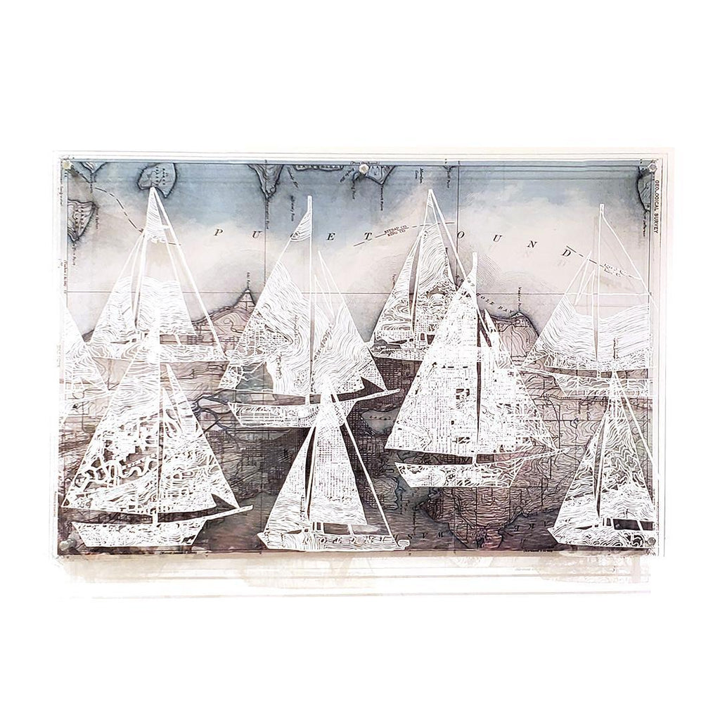 Floating Frame - 30x20 - Puget Sound Sailboats Horizontal 3 Layers by Modern Terrain