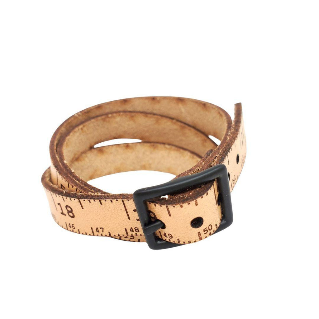 Bracelet - SM - Triple Wrap Natural Leather Tape Measure (Oxidized Buckle) by Sandpoint Laser Works