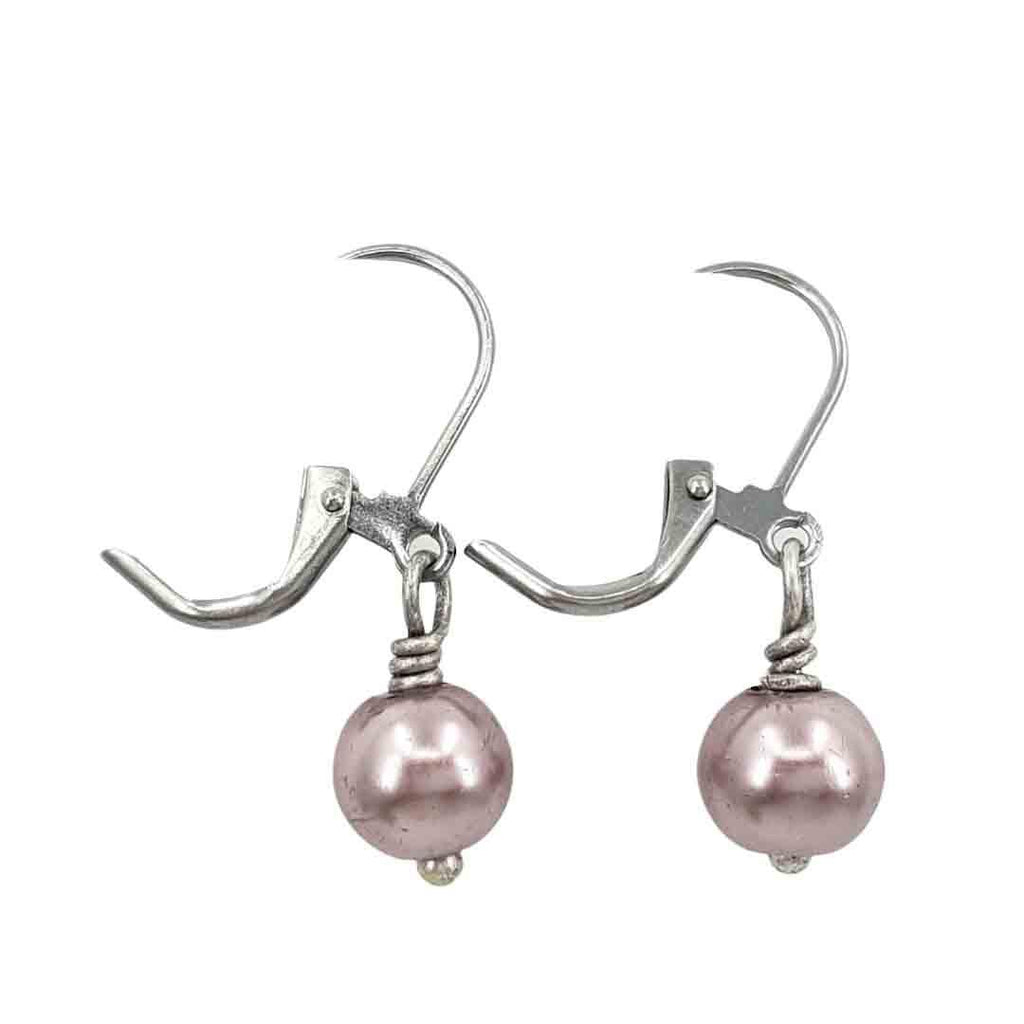 Earrings - Small Mauve Pink Faux Pearl Stainless Steel by Christine Stoll | Altered Relics