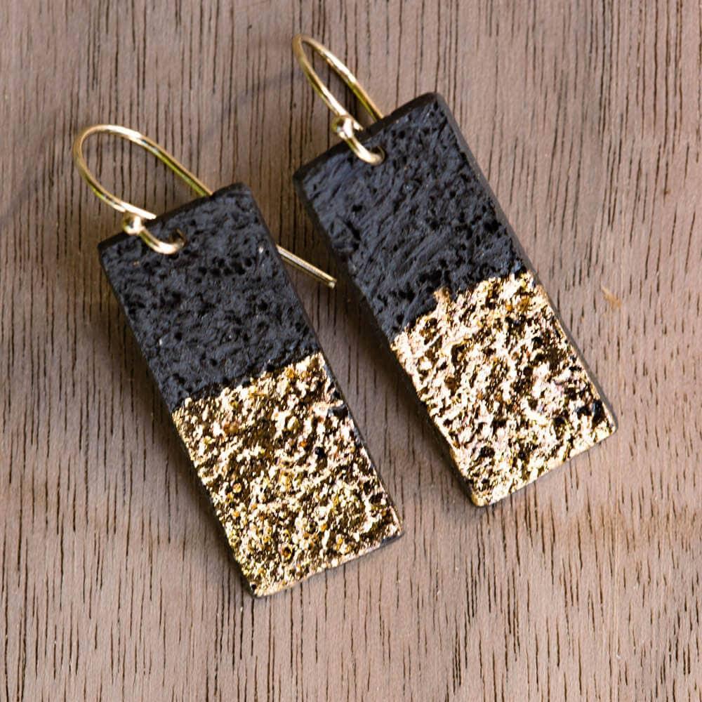 Earrings – Drops – Lava Rectangle Black Gold by Almeda Jewelry