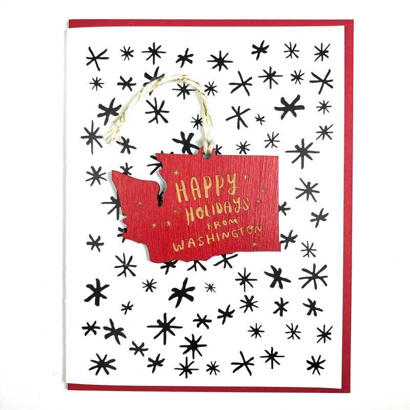 Ornament Card - Happy Holidays Washington State (Red) by SnowMade